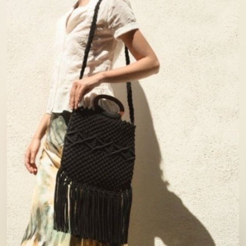 Danielle Nicole Macrame Crossbody Bag NWT Black Fringe Wood Handle